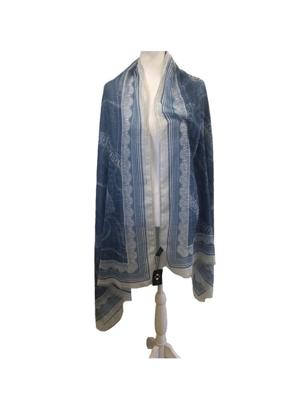 Italy Fulars large scarf wrap. Blue white frayed ends art to wear artsy - Picture 2 of 13
